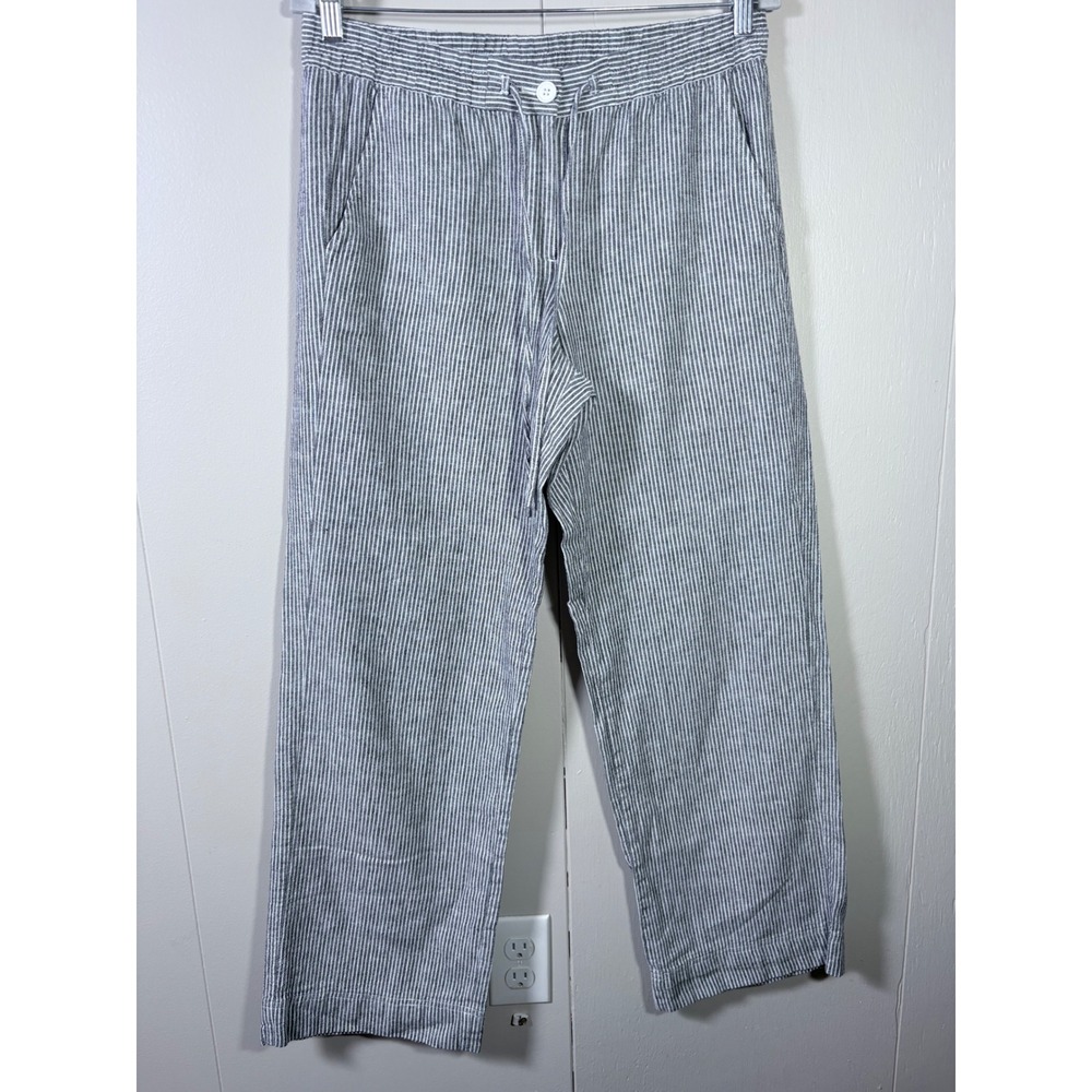 Talbots Pinstripe Linen Cotton Wide Leg Drawstring Pants 8 Coastal Nautical